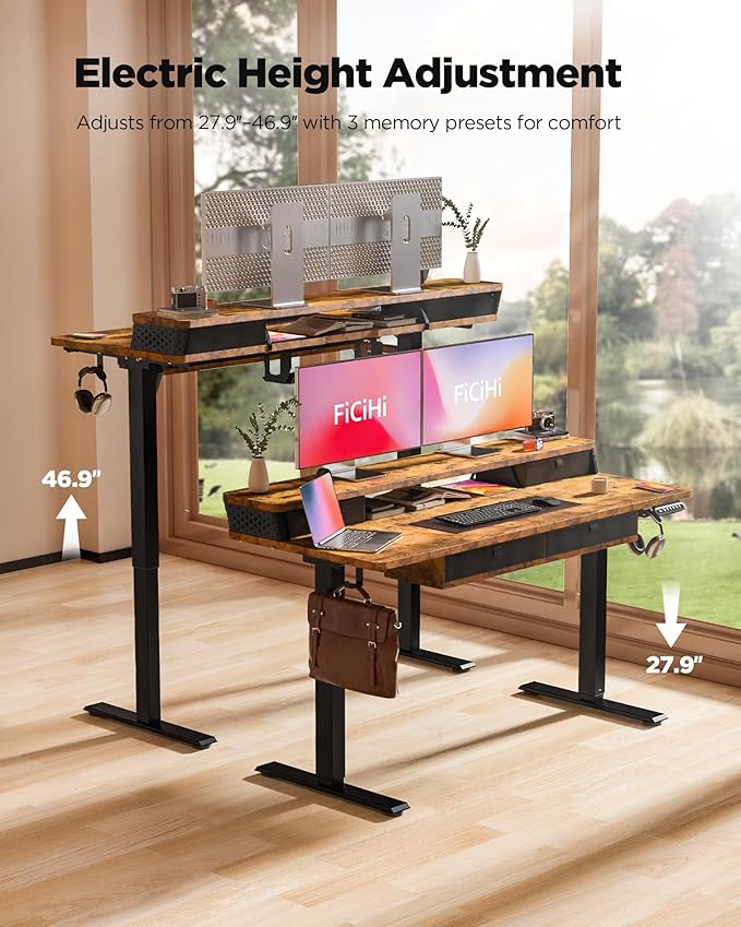 FiCiHi Electric Standing Desk with Four Drawers, Adjustable Height Sit Stand Desk, C-Clamp Compatible Home Office Desk with Storage Shelf & Monitor Stand Riser, 48 x 24 Inch, Rustic Brown
