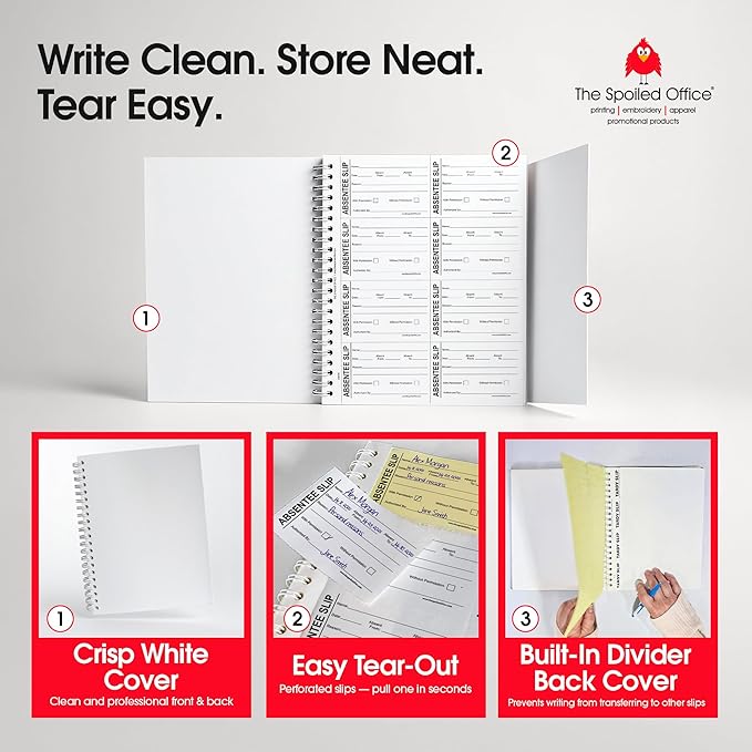 The Spoiled Office Absentee Slip Book with Carbonless Duplicates 400 Pcs - 2 3/4"x3 3/4"- Easy Tracking Log Book for School Carbon Copy, School Supplies, Office Supplies for Desk, Spiral Bound