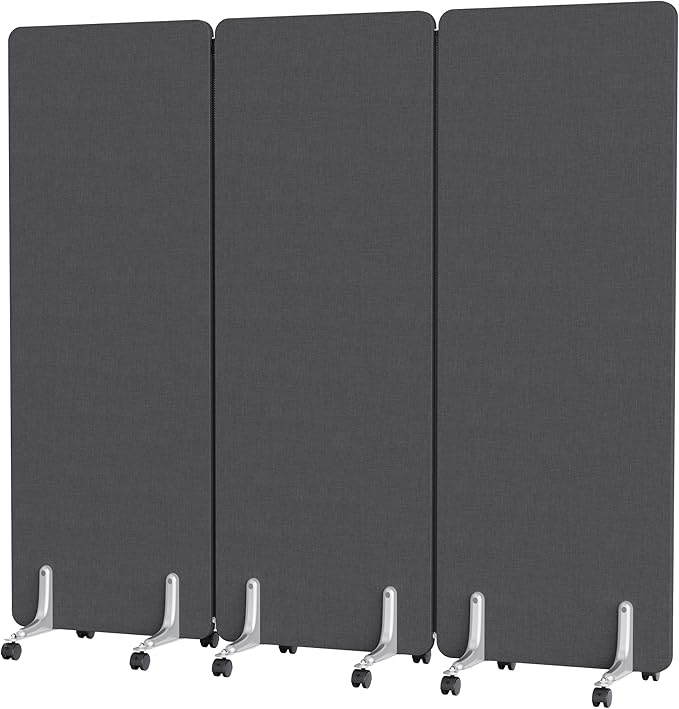 MORDEER 70.8" W x 63" H Freestanding Partition Room Dividers, Acoustic Panels with Wheels, 3 Soundproof Privacy Panels for Office, Reception Room, School, Hospital, Dark Grey