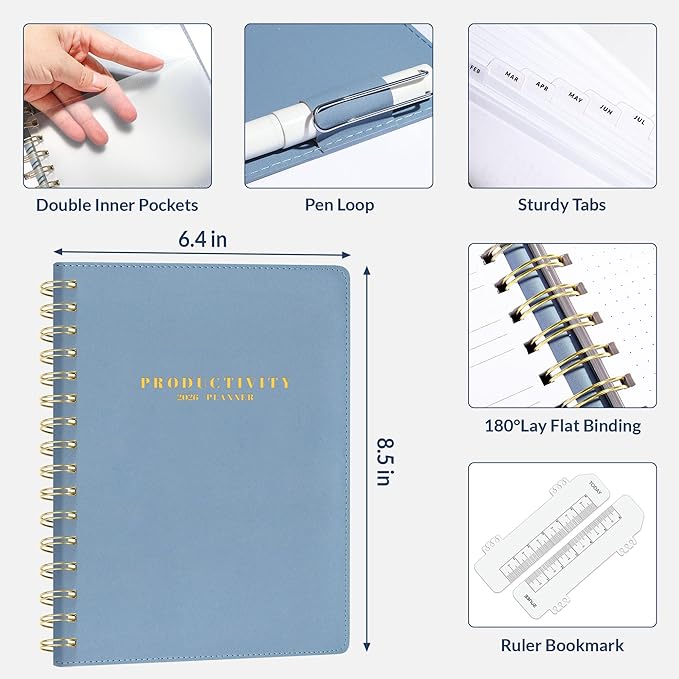 SUNEE 2026 Planner 5.9" x 8.3" – Dated Productivity Planner for Time Management - Daily,Weekly & Monthly Planner to Achieve Goals - Planner 2026 dated from January 2026 – December 2026,Grey Blue