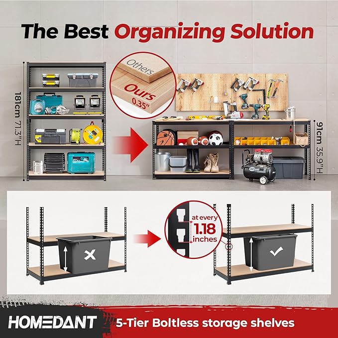 HOMEDANT 5 Tier Storage Shelves Adjustable Laminated Boltless Garage Metal Shelving Unit Heavy Duty Utility Rack Shelf Warehouse Pantry Closet Kitchen (2, (XL Deep) 48.1" W, Black)
