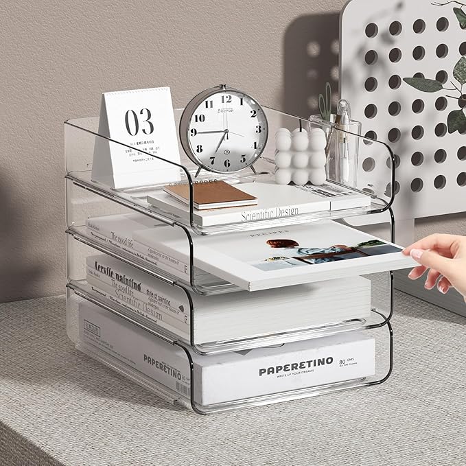 FANXIYQ 4-Tier Acrylic Paper Tray Organizer with Pen Holder | Clear Stackable Desk Organizer for Documents, Letters, A4 Paper | Modern Office/Classroom/Home Organization