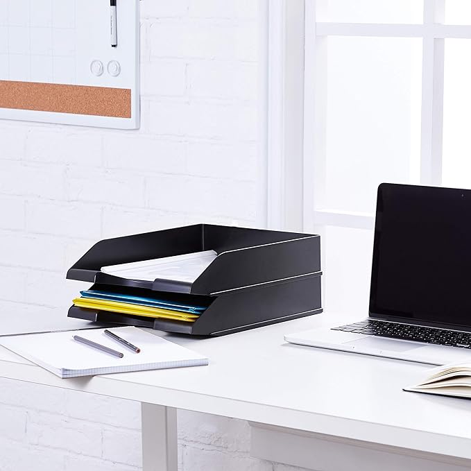 Amazon Basics Rectangular, Stackable Office Letter Organizer Desk Tray, Black, Pack of 2
