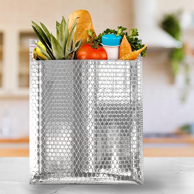 Amiff Silver Thermal Bubble Mailer, 11 x 15 Inches. 50 Pack Metallic Bubble Mailers. Self-Seal Insulated Mailers for Cold Shipping. Padded Envelopes Waterproof. Thermal Bag for Food, Cosmetics