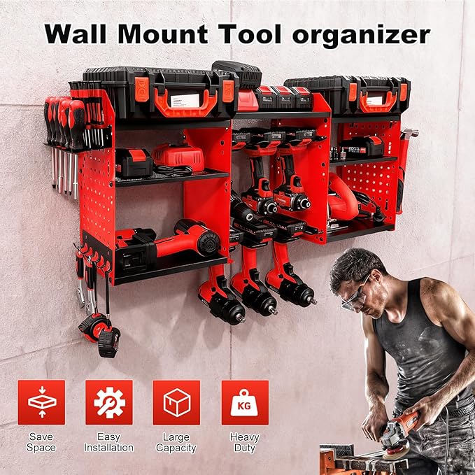 ERVNYNT 3 layers power tool organizer Loads 150lbs with 6 Cordless Drill Holder and 6 Outlet Power Strip,it’s good choice for husband birthday gift,red