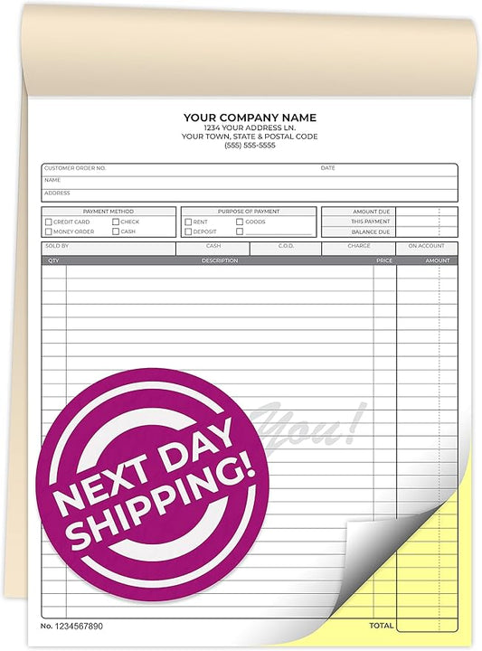 Custom 8.5" x 11" Carbonless NCR Books in 2-Part Duplicate Invoices, Receipts, Work Orders, Sales Orders, Purchase Orders, Estimates, Quote Forms with Your Company/Business Name (100 Sets)