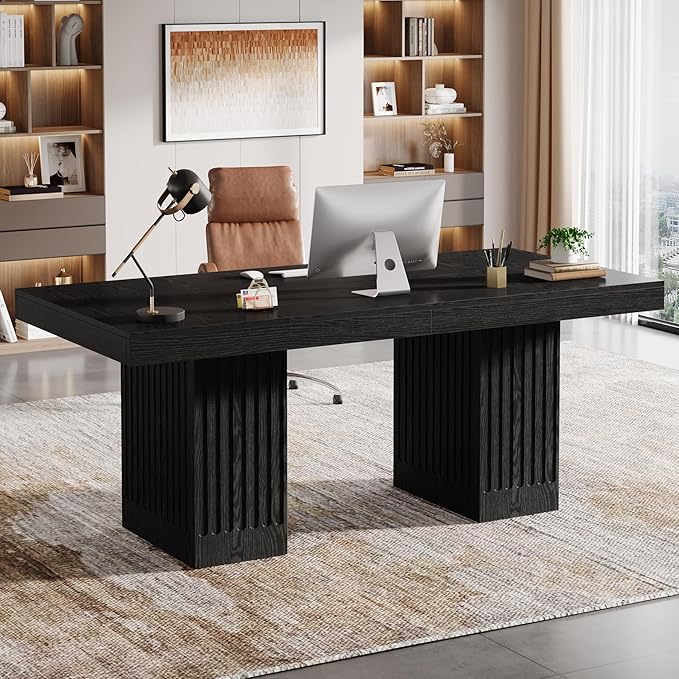 Tribesigns 63-Inch Executive Desk, Modern Office Computer Desk with Heavy Duty Double Pedestal, Large Study Writing Table Business Furniture for Home Office, Black, Set of 2