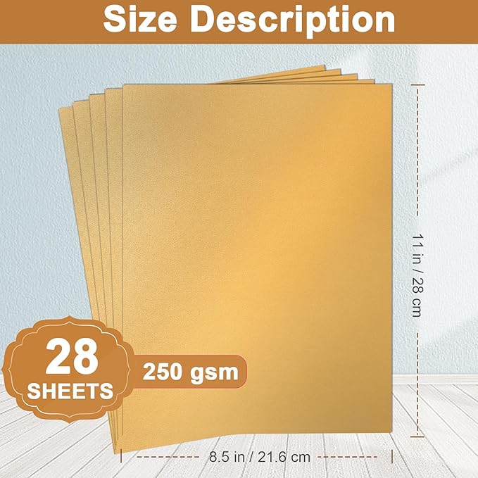 Silunkia 28 Sheets Gold Shimmer Cardstock 8.5 x 11 Metallic Paper, 250gsm/92lb Premium Glossy Paper Card Stock for DIY Cards Making, Anniversaries, Wedding Invitations, School Crafting, Greeting Cards