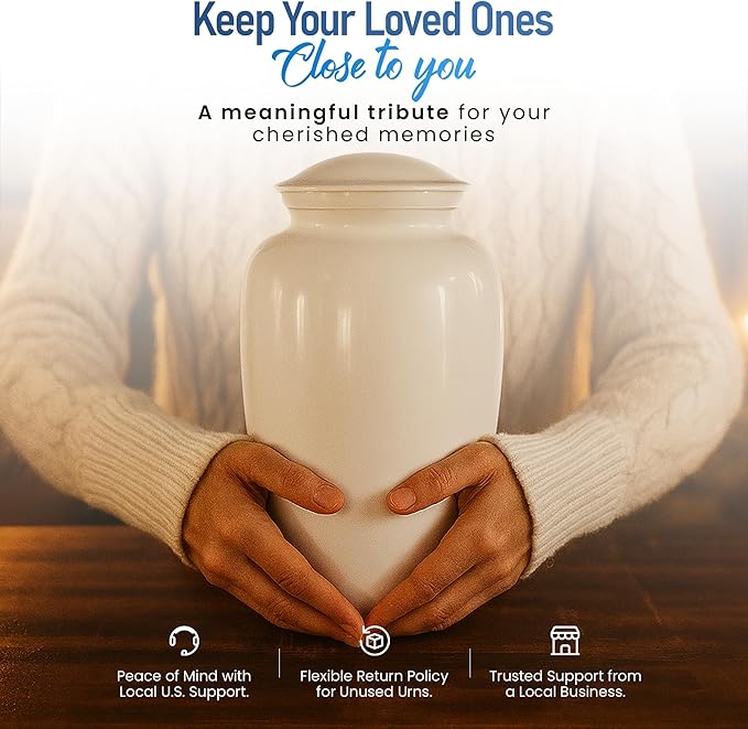 Modern Memorials Cremation Urn for Ashes - Large Urn for Man & Women - 200 Cubic Inches - Includes Velvet Storage Bag - White