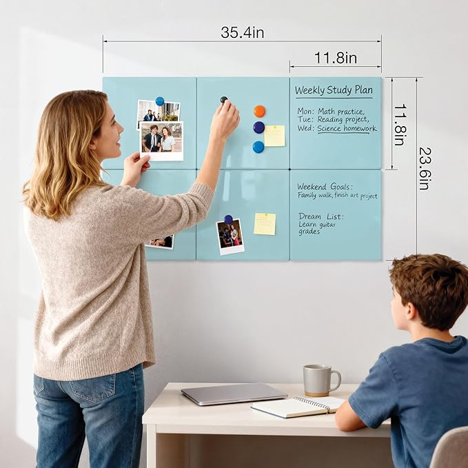 Comix Magnetic Dry Erase Board, 6 Pack, 11.8 x 11.8 Inches, Modular Whiteboard for Fridge, Office and Home, Small White Board Dry Erase Set for Kids, Students, Kitchen Organizer and Planner, Green