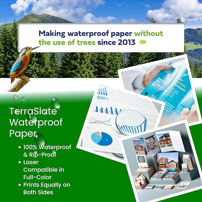 TerraSlate Printable Waterproof Paper for Laser Printer, 10 MIL 8.5" x 14", 250 Sheets, Matte White Printer Paper, Rip-Resistant, Weather/Rain Proof Copy Paper