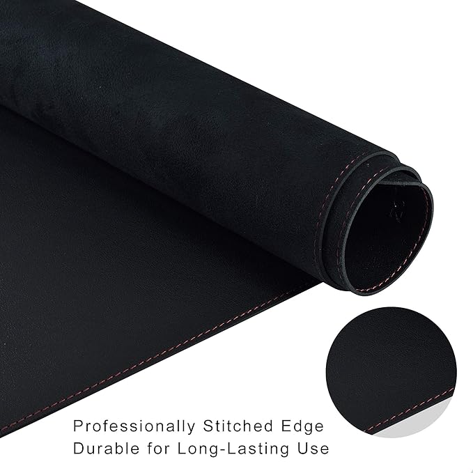 ZORESYN PU Leather Desk Mat Waterproof Anti-Oil Dining Table mat - 70.9" x 23.6" - Large Mouse Pad with Suede Base,Stitched Edges Office Desk Pad for Office & Home | Black