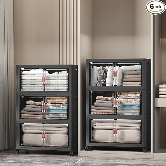 UAMFURI Extra Large Stackable Storage Bins with Lids & Wheels & Door, 672QT-112QT/28GAL*6Pack Foldable Collapsible Closet Organizers, Plastic containers drawers for bedroom Dorm