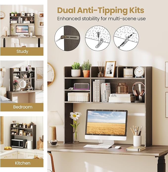 Tangkula Desktop Bookshelf for Computer Up to 32”, 37” Countertop Storage Hutch with 6 Storage Shelves, 3-Tier Desktop Organizer Display Rack, Wooden Desk Hutch for Dorm Home Office (Grey,6 Shelves)