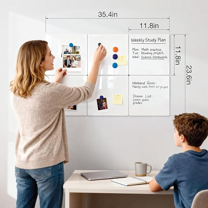 Comix Magnetic Dry Erase Board, 6 Pack, 11.8 x 11.8 Inches, Modular Whiteboard for Fridge, Office and Home, Small White Board Dry Erase Set for Kids, Students, Kitchen Organizer and Planner, White