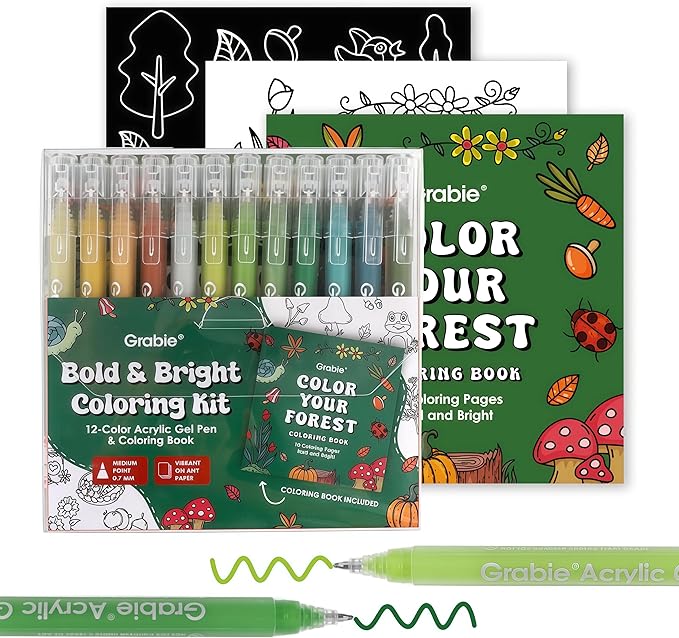Grabie 12Colors Acrylic Gel Pens&Coloring Book, Medium Point Colored Gel Pens, Acrylic Gel Ink Pen Assorted Colored for Drawing, Note Taking, Bold&Bright Coloring Kit, Set of 12 (Forest Colors)