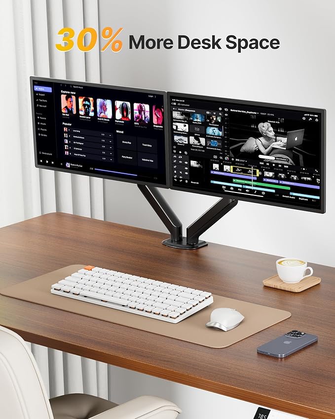 monTEK Dual Monitor Stand for Desk, 17-32 Inch Mechanical Spring Dual Arm, Heavy Duty Steel Adjustable Monitor Mount, Full Motion VESA 75x75/100x100, C-Clamp & Grommet, Holds Up to 20 lbs Each