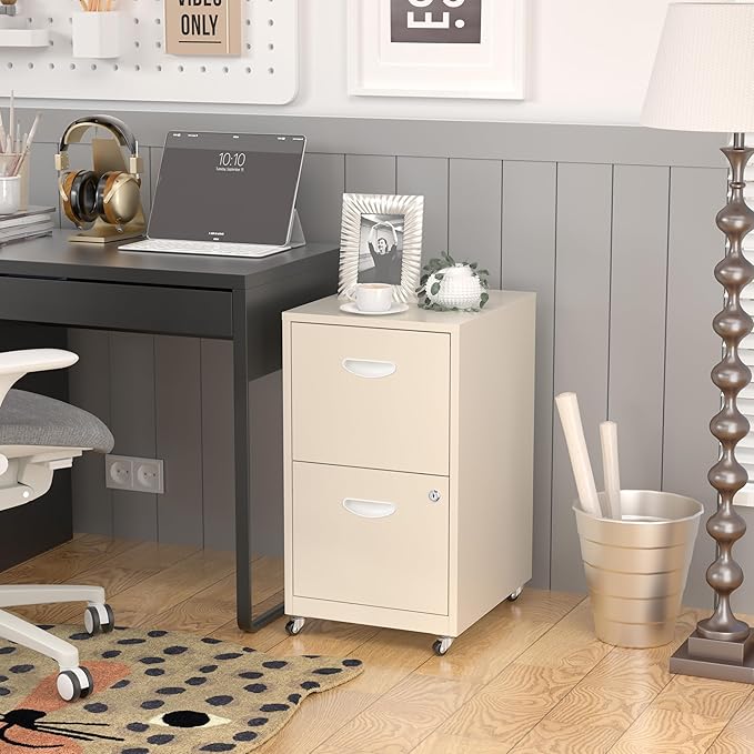 SteeLoong 2 Drawer File Cabinet with Lock，Cream Rolling File Cabinet for Home Office, Metal Small Mobile Filing Cabinets on Wheels for Hanging Letter