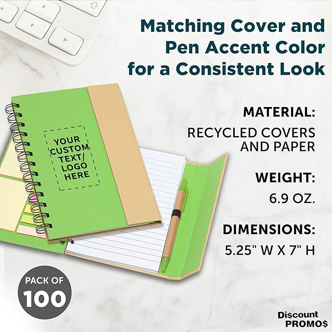 DISCOUNT PROMOS Custom Eco Friendly Spiral Notebooks with Pens Set of 100, Personalized Bulk Pack - Perfect for School, Office, Home - Green