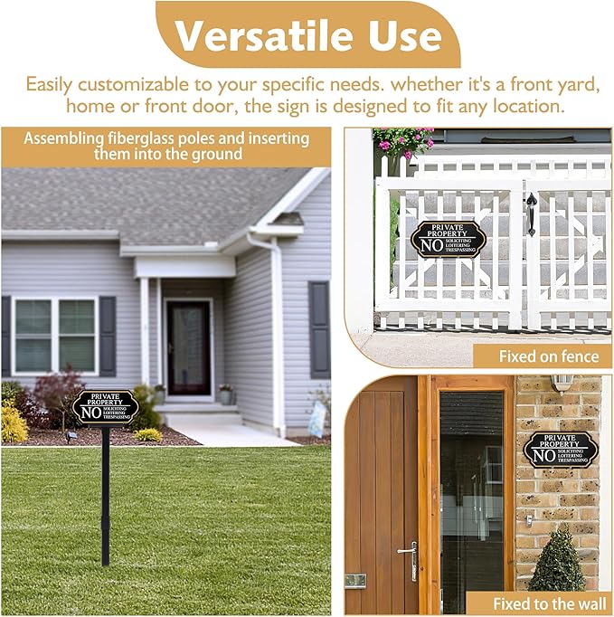 Private Property No Trespassing Sign with Stake, No Soliciting Sign for House 5x10 inch/35 inch High, for Front Door/Lawns/Gardens and Business