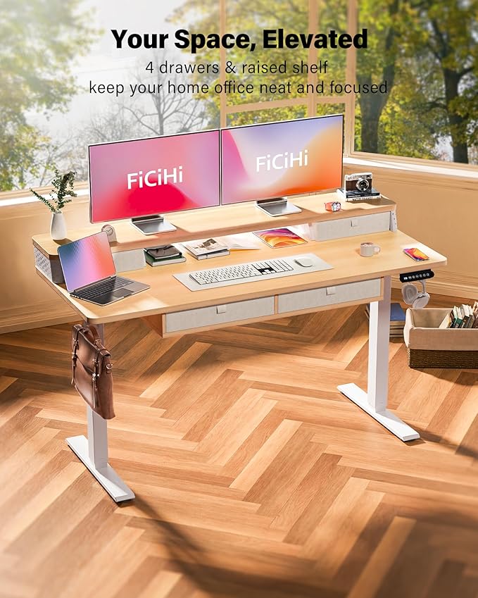 FiCiHi Electric Standing Desk with Four Drawers, Adjustable Height Sit Stand Desk, C-Clamp Compatible Home Office Desk with Storage Shelf & Monitor Stand Riser, 55 x 24 Inch, Maple