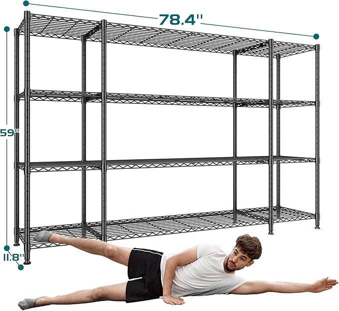 REIBII 78.4" W Storage Shelves Load 1500LBS, Metal Shelving 4-Tier Wire Shelving Unit Garage Shelving for Storage, Metal Shelves for Pantry Commercial Kitchen Garage, 11.8''D x 59''H,2P