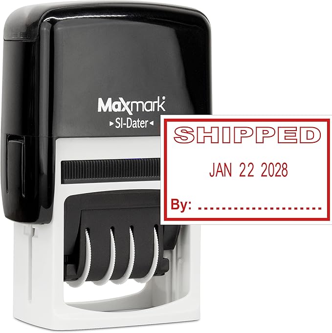 MaxMark Office Self Inking Date Stamp with Phrase Shipped - Red Ink
