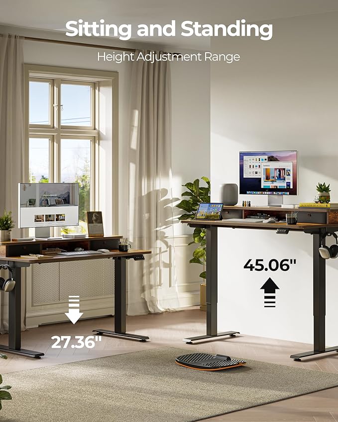 FEZIBO 48 x 24 Inch Height Adjustable Electric Standing Desk with Double Drawers, Stand up Desk, Home Office Computer Workstation with 4 Height-Adjustable Feets & 2 Hooks, Rustic Brown
