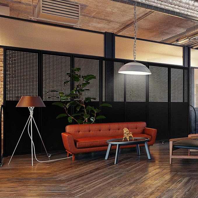 Folding Room Partition,Freestanding Privacy Divider,Portable Office Divider Wall,Commercial Space Partition Screen,Perforated Felt Panel Design,18'5"W x 6'7"H,7 Panel,Black