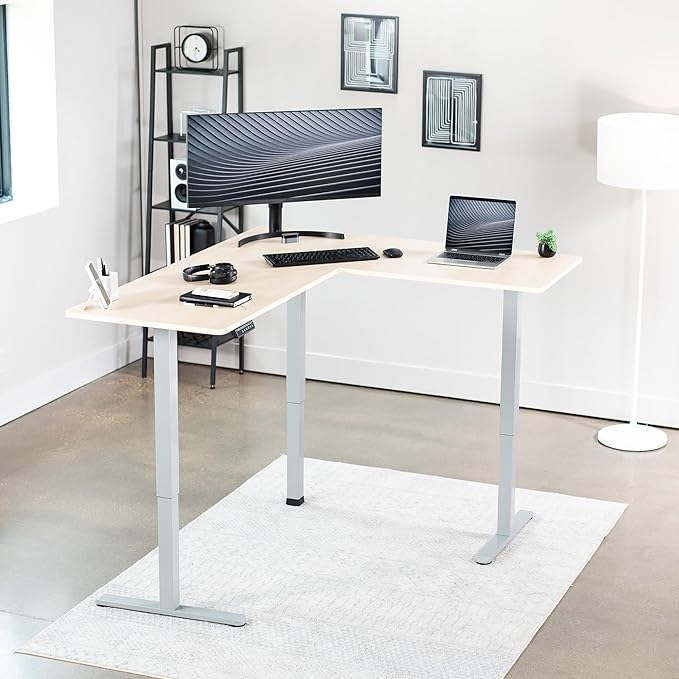 VIVO Electric Corner 63 x 55 inch L-Shaped Standing Desk, Memory Height Adjustment, Light Wood Top Gray Frame, DESK-E3CTGC