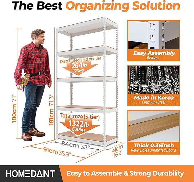 HOMEDANT 35.9" W 5 Tier Heavy Duty Garage Shelving Adjustable Metal Rack Storage Shelves Standing Shelf Unit Organizers Pantry Closet White 1Pack