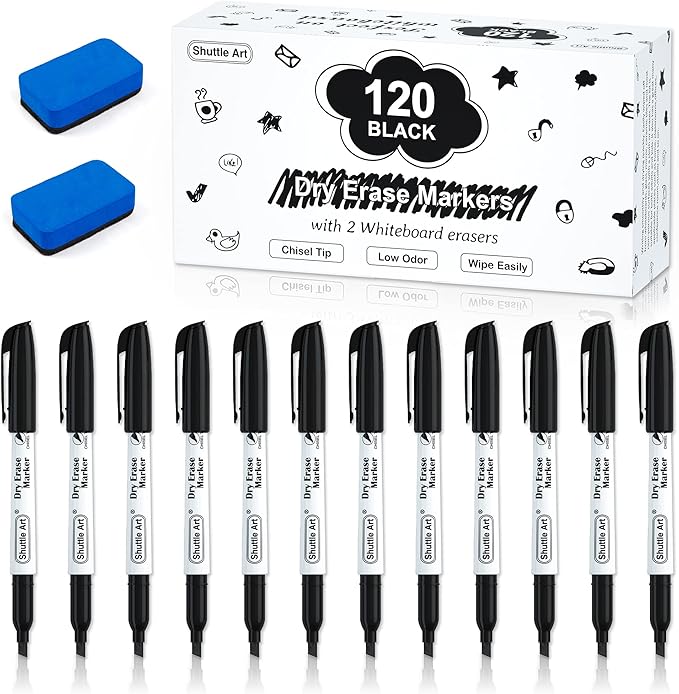 huttle Art Dry Erase Markers, 120 Pack Black Whiteboard Markers with 2 Erasers,Chisel Tip Dry Erase Markers, Perfect For Writing on Whiteboards, Dry-Erase Boards,Mirrors for School Office Home