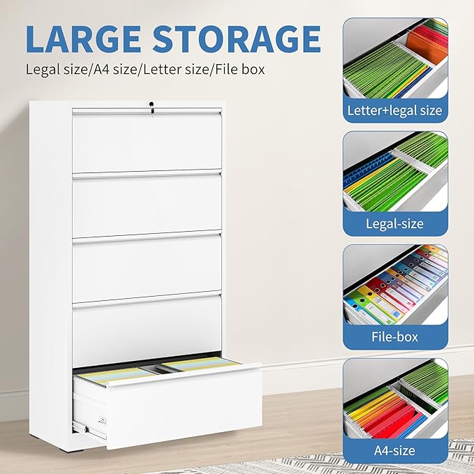 FLIXELIO 5 Drawer Metal Office Storage Filing Cabinet with Lock, White Lateral File Cabinet for Home Office, Horizontal Locking for Legal/Letter/A4, Assembly Required