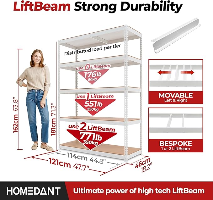 HOMEDANT 47.7" W 5 Tier Heavy Duty Garage Shelving Adjustable Metal Rack Storage Shelves Standing Shelf Unit Organizers Industrial Warehouse Basement Black 1Pack