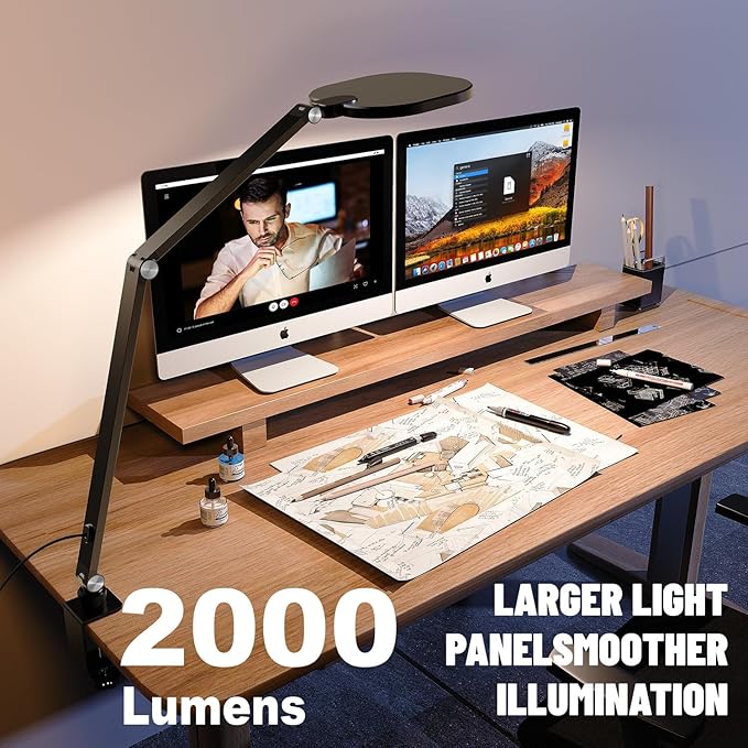 Desk Lamps for Home Office, 2000LM Eye-Caring Desk Light with Clamp, Dimmable Zoom Lighting with 3 Colors & 10 Brightness, Remote Computer Ring Light for Video Calls,Conference, Reading, CRI>95