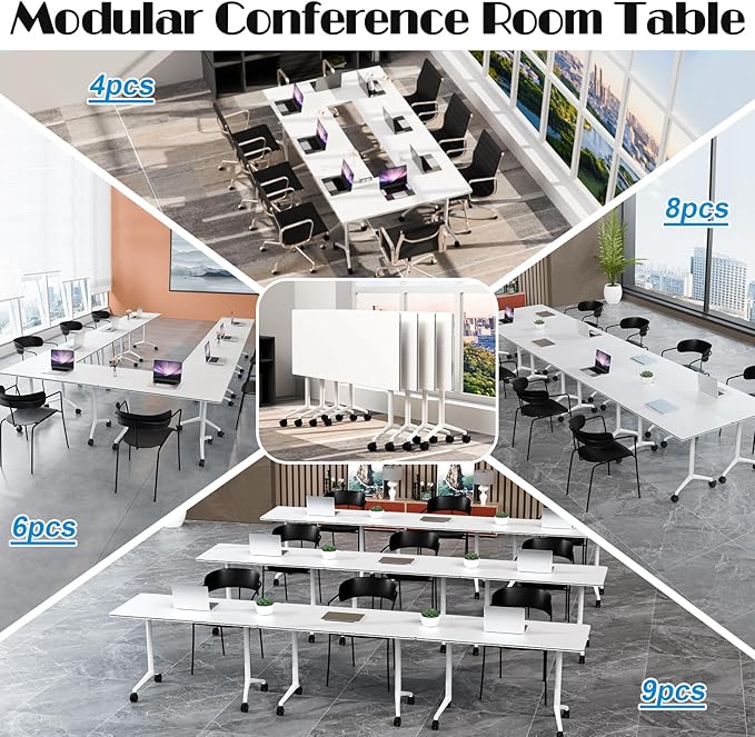 Conference Table Flip Top Mobile Conference Room Tables,Folding Conference Table with Wheels,Large Meeting Training Seminar Table Saving Space for Office Classroom (6, White, 61'')