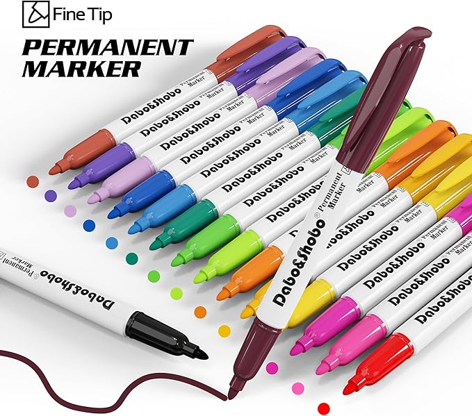 Dabo&Shobo 80 Pack Permanent Markers Assorted Colors, Fine Point, 16 Colors, Works on Plastic, Wood, Stone, Metal and Glass for Doodling, Coloring