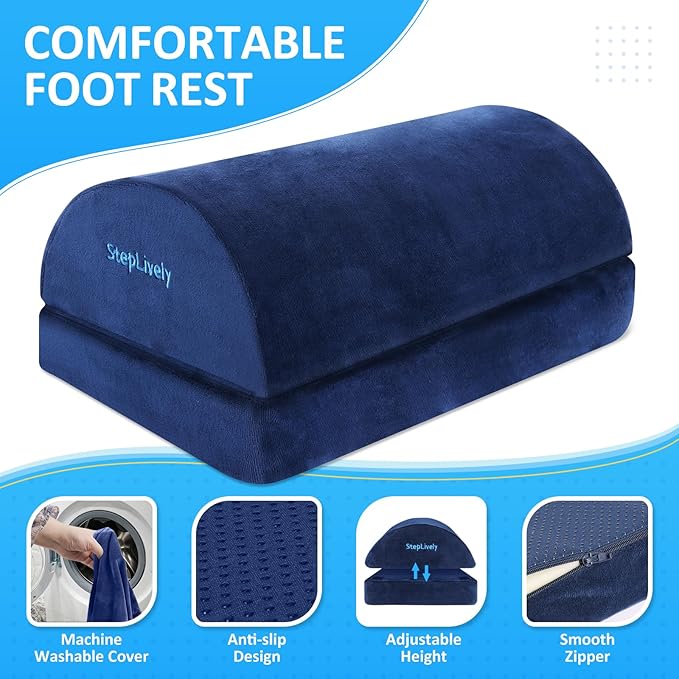 StepLively Foot Rest for Under Desk at Work, Comfortable Foot Stool with 2 Adjustable Heights, Footrest with Washable Cover, for Back & Hip Pain Relief, Suitable for Office, Home and Car (Blue)