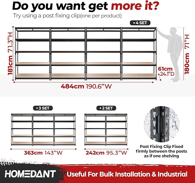 HOMEDANT 5 Tier Storage Shelves Adjustable Laminated Boltless Garage Metal Shelving Unit Heavy Duty Utility Rack Shelf Warehouse Pantry Closet Kitchen (2, (XL Deep) 48.1" W, Black)