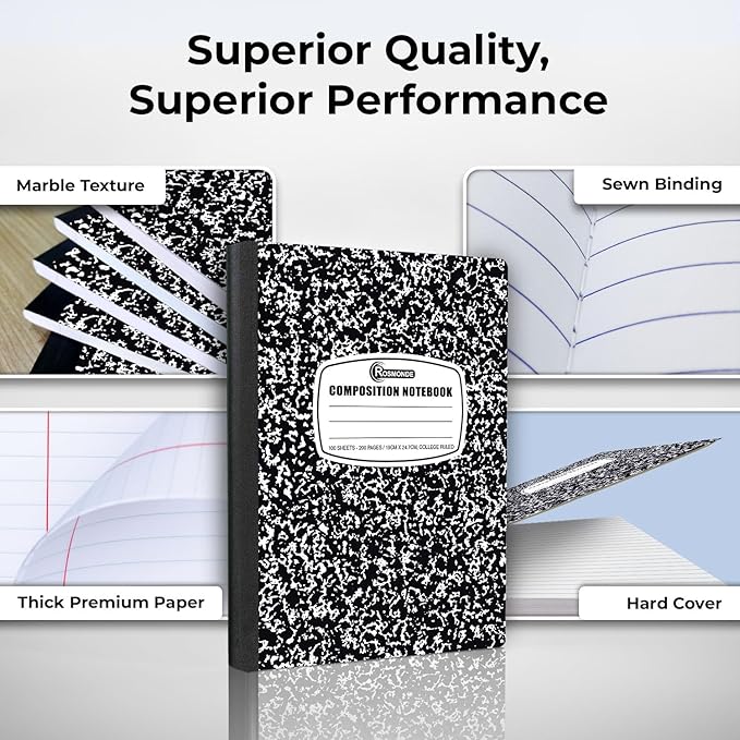 Rosmonde 12 Pack Composition Notebook College Ruled Bulk, 200 Pages (100 Sheets), 9-3/4 x 7-1/2, Hard Cover College Ruled Notebook Bulk, Black Marble Composition Notebook College Ruled, Bulk Notebooks