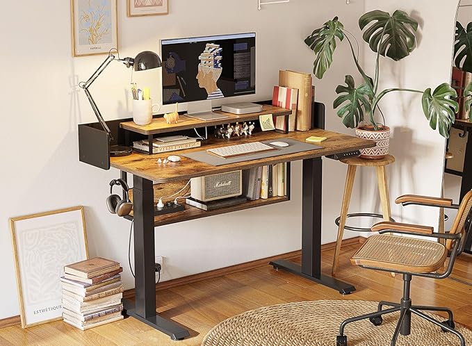 FEZIBO 55" Electric Standing Desk with Shelves, 55 x 24 Inch Sit Stand Rising Desk with Monitor Stand and Storage, Ergonomic Home Office Computer Desk, Rustic Brown