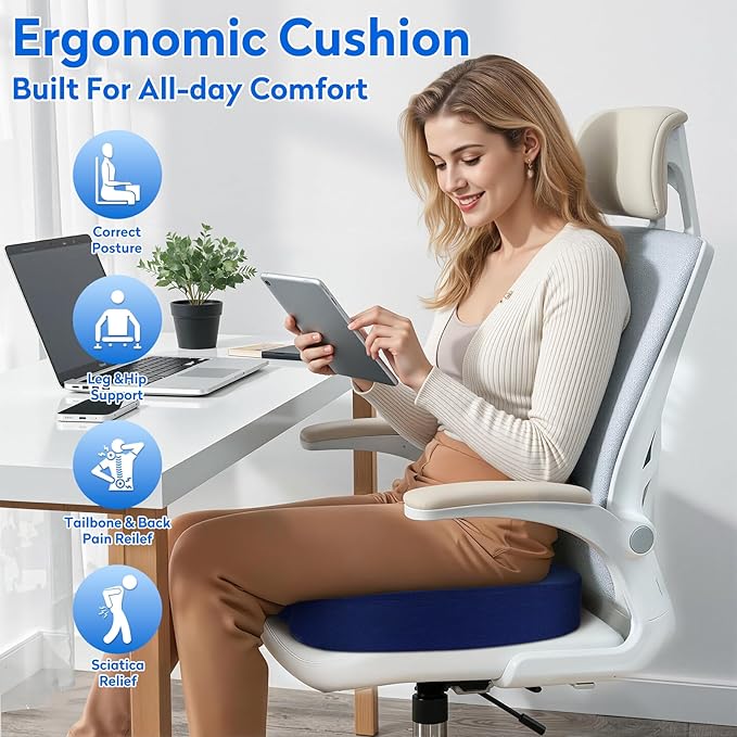 CushZone Office Chair Cushions, Memory Foam Coccyx Cushion for Tailbone Pain Office Chair Car Seat, Sciatica, Coccyx, Lower Back Pain Relief (Blue)