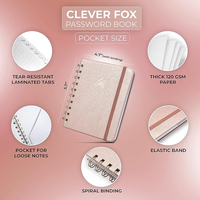 Clever Fox Password Book Spiral – Mini Internet Address & Password Organizer with Laminated Alphabetical Tabs – Small Password Keeper Journal – Hardcover, Pocket Size, 4.7x5.7” (Rose Gold)