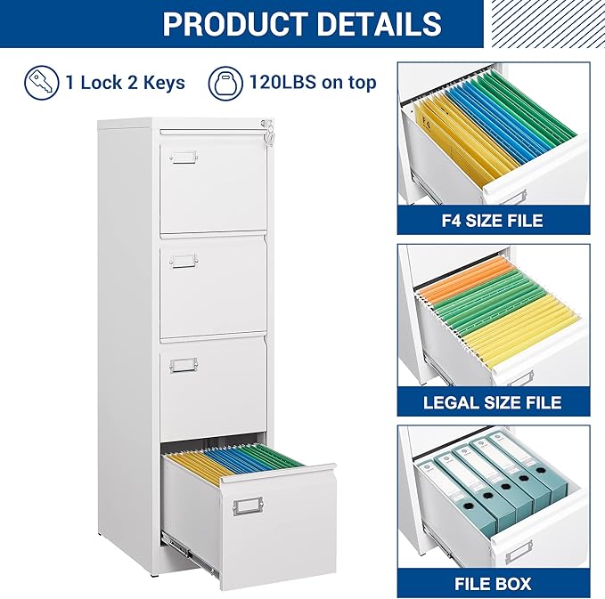 Fesbos File Cabinets - 4 Drawers Vertical 17.8" Deep Lockable Filing Cabinet - White Metal Storage Cabinets for Home Office to Hanging Files Letter/Legal/F4/A4 Size