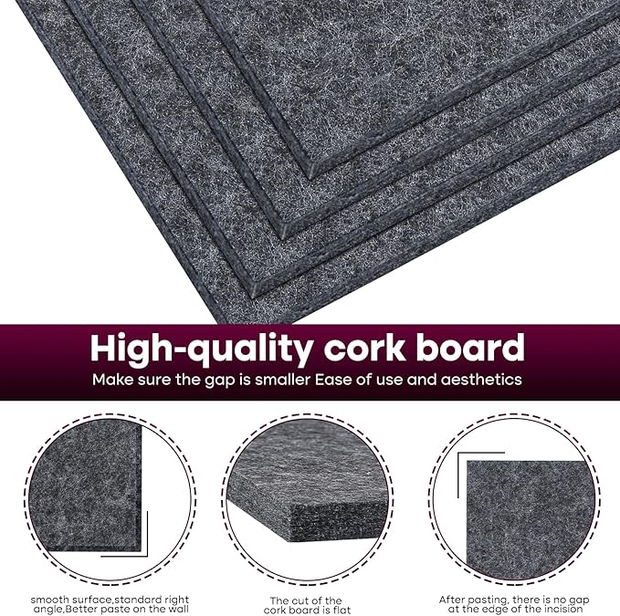 Bouiexye Felt Cork Board Tiles 6 Pack Grey Bulletin Boards 12"x12" - 1/2" Thick Corkboards for Wall Bulletin Board Self Adhesive with 100 Push Pins for Wall School Home Office