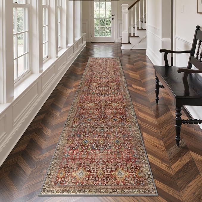 GENIMO 2x5 Runner Rugs for Hallway, Machine Washable Non Slip Vintage Rugs, Low Pile Lightweight Soft Print Rug for enrtyway, Corridor, Home Office, Kitchen, Mocha Brick
