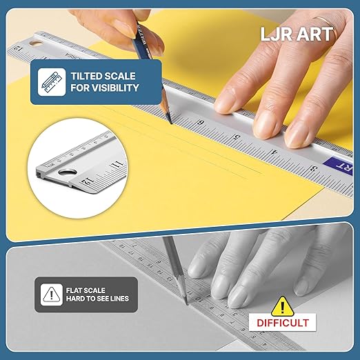 LJR ART 12 Inch Aluminum Cutting Ruler, Dual Scale Inch/Metric Measuring Tool with Precision Markings, Lightweight Straight Edge for Architects, Students, Engineers, and Designers