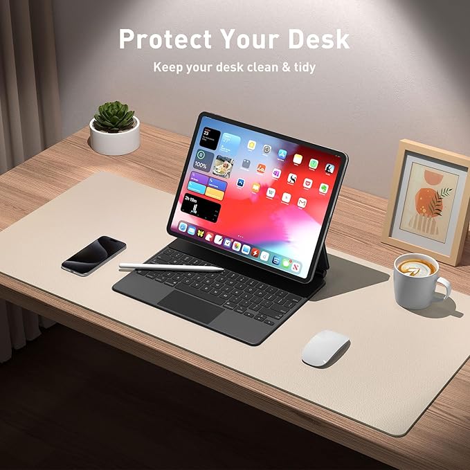 Aothia Large PU Leather Desk Pad Protector – Non-Slip Mouse Pad & Writing Mat for Office/Home, Waterproof, Easy to Clean (23.6" x 13.7", Eggshell)