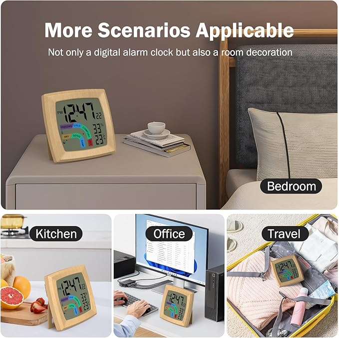 VOILEIPAGI Travel Alarm Clock Bedside Clock with Auto Backlight, Battery Powered Alarm Clock Temperature and Humidity, Second, Date, 12/24H, Wood Grained Small Clock Digital Alarm Clocks for Bedrooms