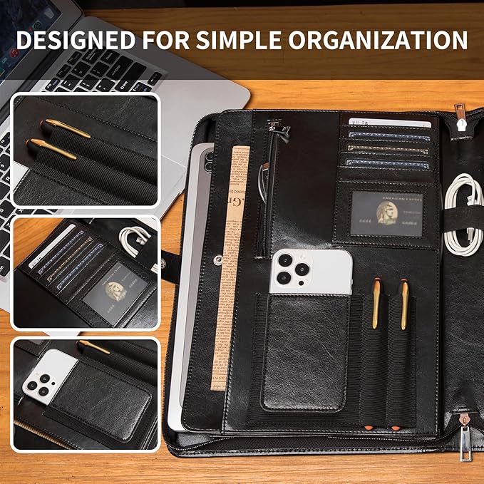 Geslun Personalized Vegan Leather Portfolio, Legal Size 8.5 x 14 Pad Holder, Custom Business Padfolio for Men Women, Zippered 14" Laptop Organizer, Professional Notepad Folio, Black
